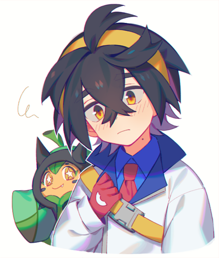 1boy, ahoge, black_hair, blue_shirt, blush, closed_mouth, collared_shirt, commentary_request