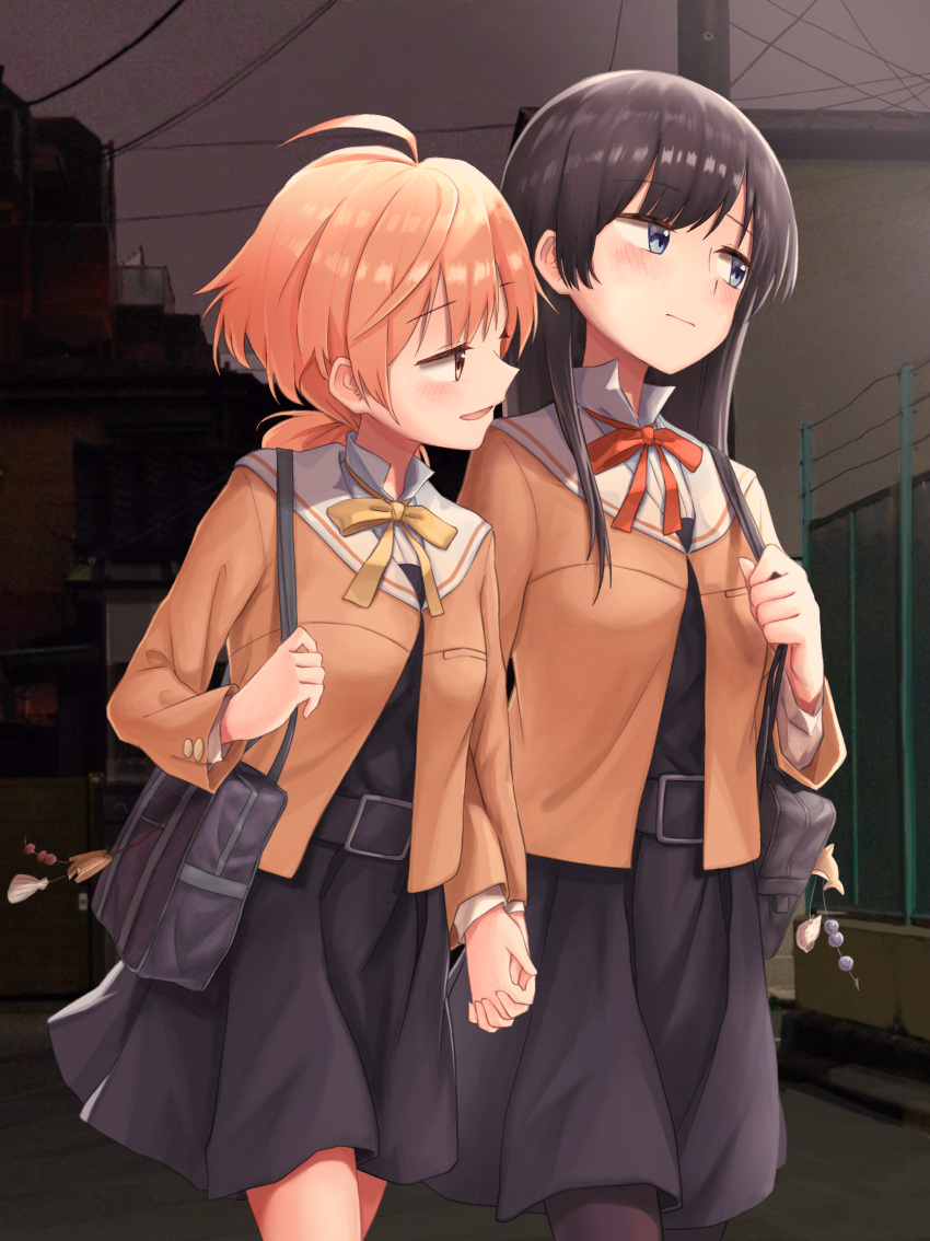 2girls, absurdres, ahoge, averting_eyes, bag, black_hair, blue_eyes, blush