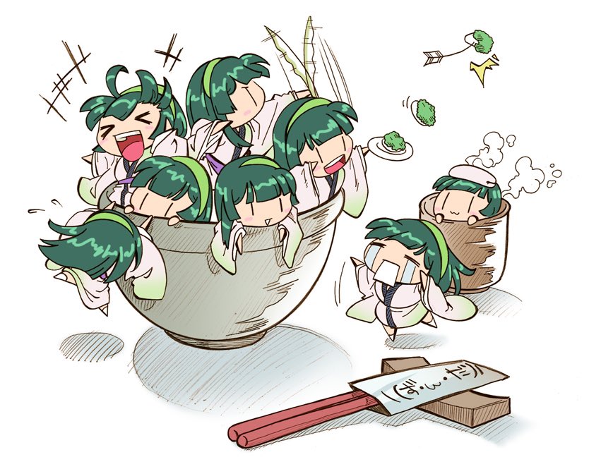 1girl, :3, bowl, chibi, clone, crying, green_hair, green_hairband
