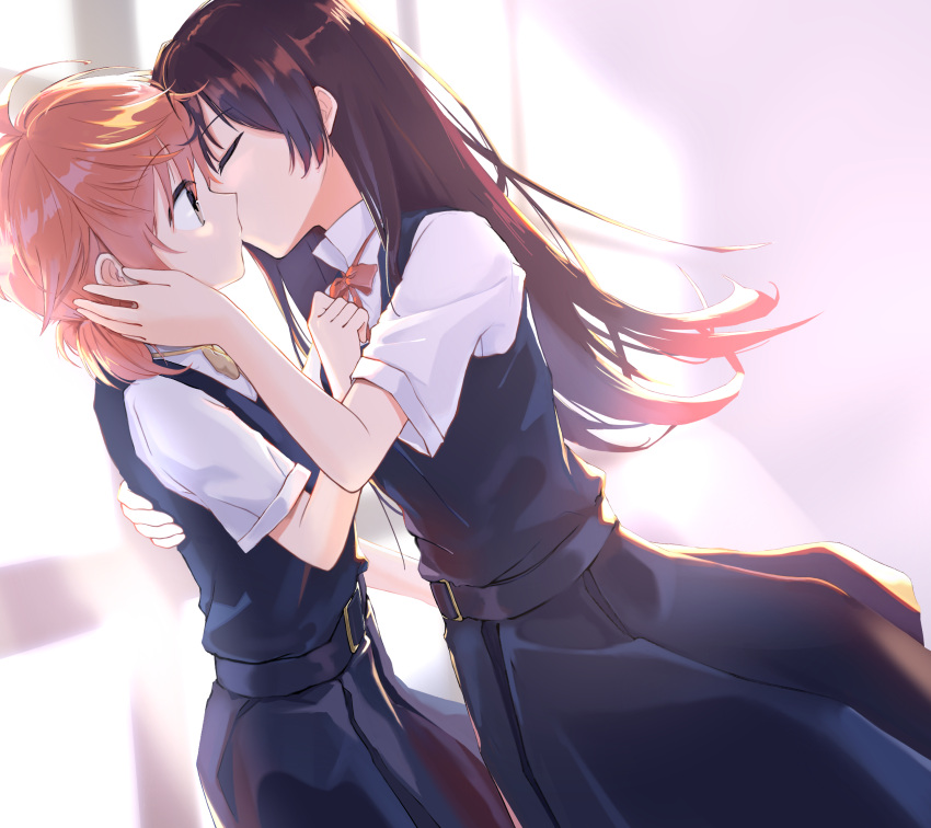 2girls, absurdres, backlighting, brown_eyes, brown_hair, closed_eyes, commentary, dress