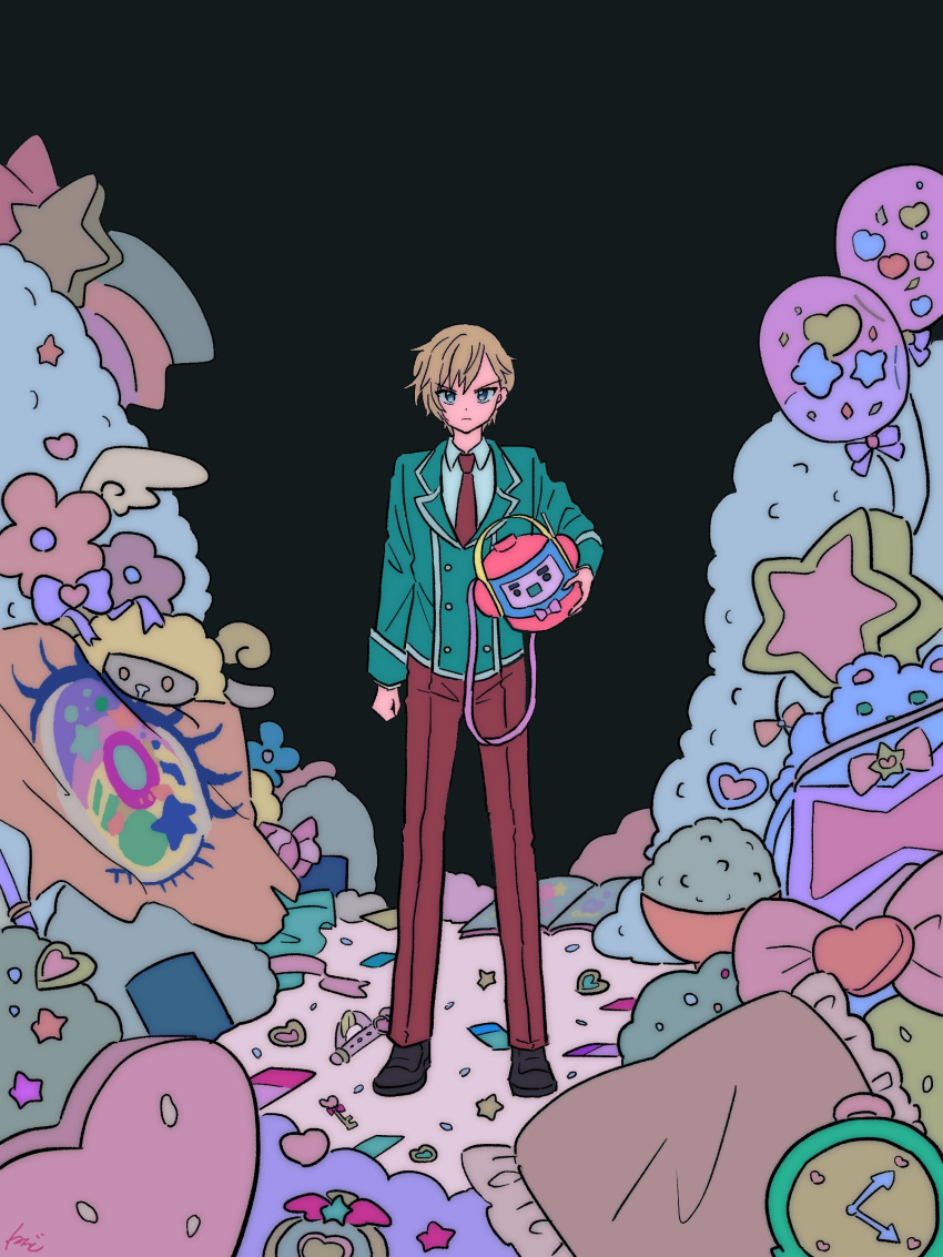 1boy, absurdres, alarm_clock, balloon, black_background, black_footwear, blonde_hair, blue_eyes