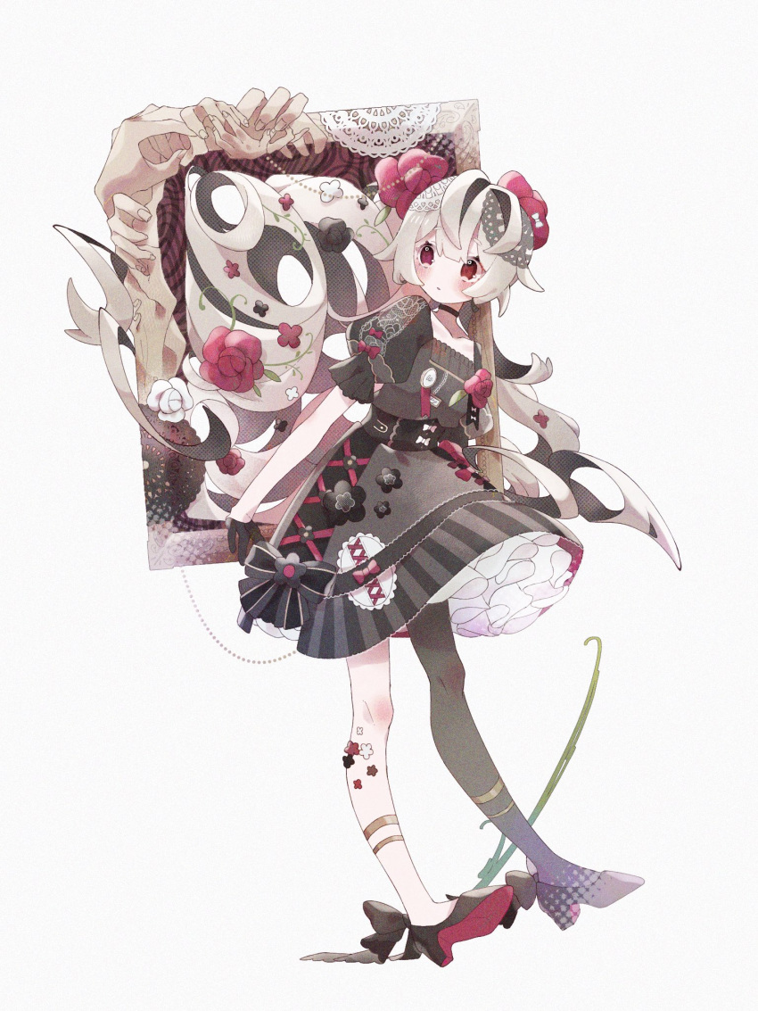 1girl, ankle_ribbon, asymmetrical_legwear, black_choker, black_flower, black_ribbon, blunt_bangs, blush