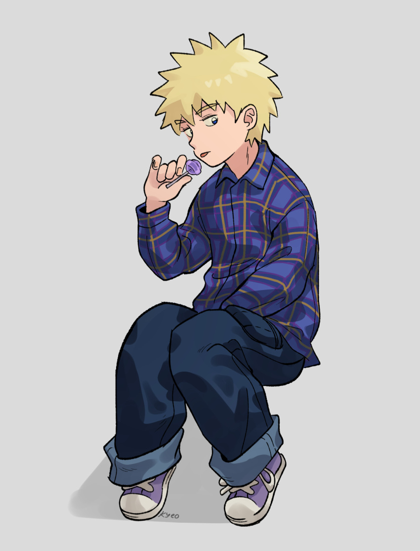 1boy, blonde_hair, blue_eyes, blue_pants, candy, commentary, denim, english_commentary