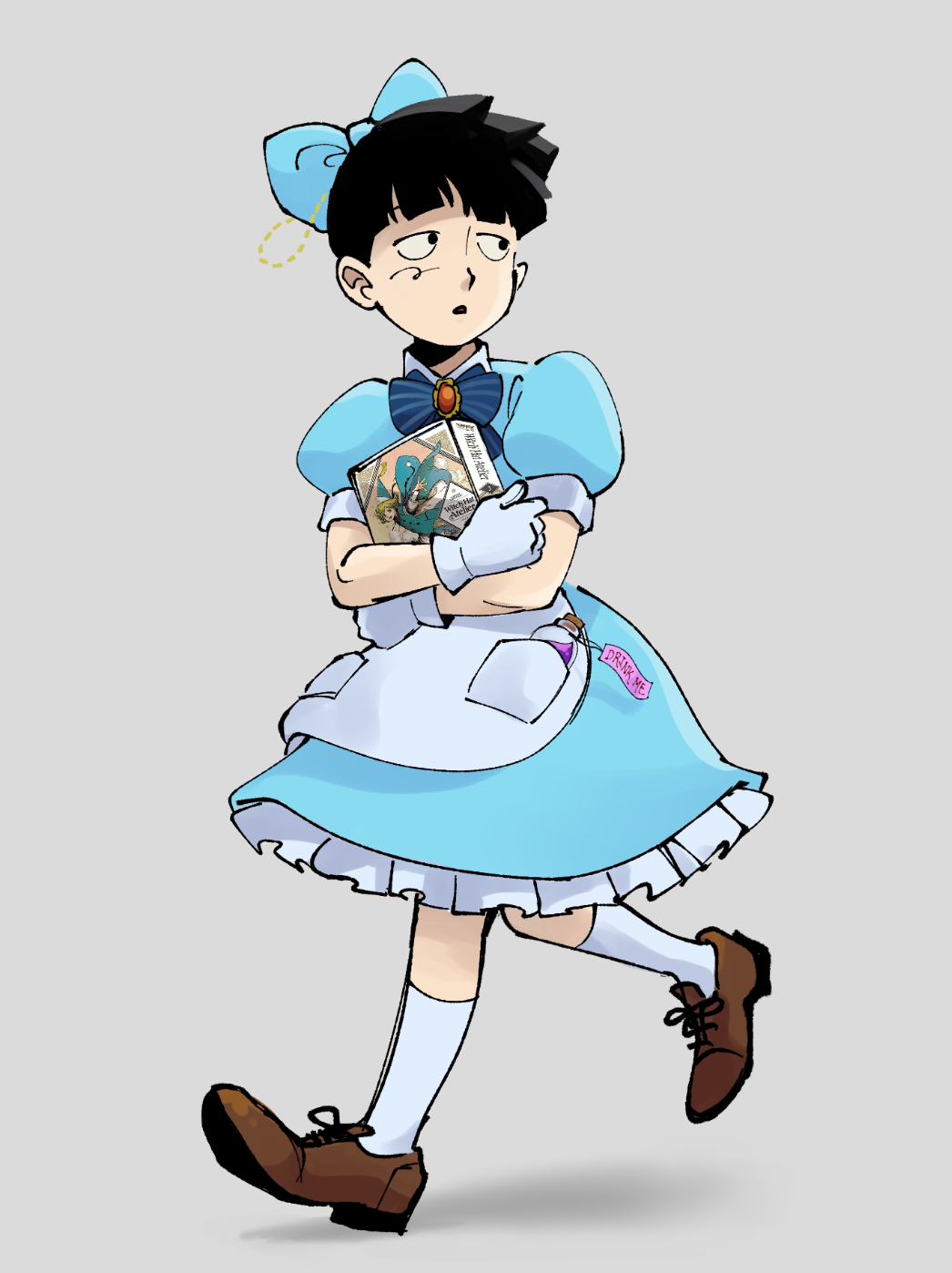 1boy, alice_(alice_in_wonderland), alice_(alice_in_wonderland)_(cosplay), alice_in_wonderland, apron, black_eyes, black_hair, blue_bow