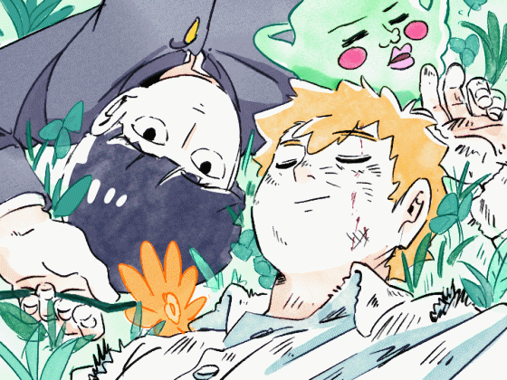 2boys, animated, animated_gif, black_hair, bleu_calire, blonde_hair, closed_eyes, closed_mouth, commentary, ekubo_(mob_psycho_100), english_commentary, flower, gakuran, grass, holding, holding_flower, kageyama_shigeo, long_sleeves, looking_at_viewer, lying, male_focus, mob_psycho_100, multiple_boys, on_back, on_grass, orange_flower, reigen_arataka, school_uniform, shirt, short_hair, spirit, white_shirt, wind