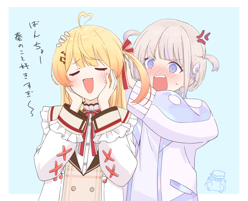 2girls, ahoge, anger_vein, banpen_(todoroki_hajime), blonde_hair, blue_background, blush, hair_ornament