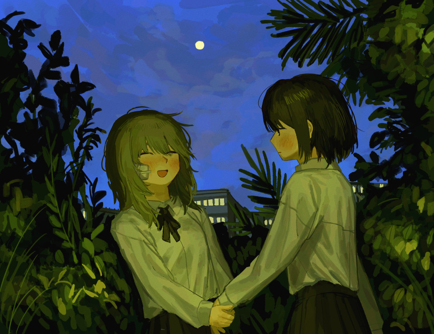 2girls, bandaid, bandaid_on_face, black_hair, black_skirt, building, collared_shirt, full_moon