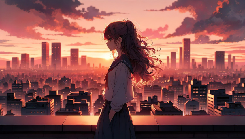 1girl, absurdres, baro_(pixiv99317801), blue_sailor_collar, blue_skirt, brown_hair, closed_mouth, curly_hair