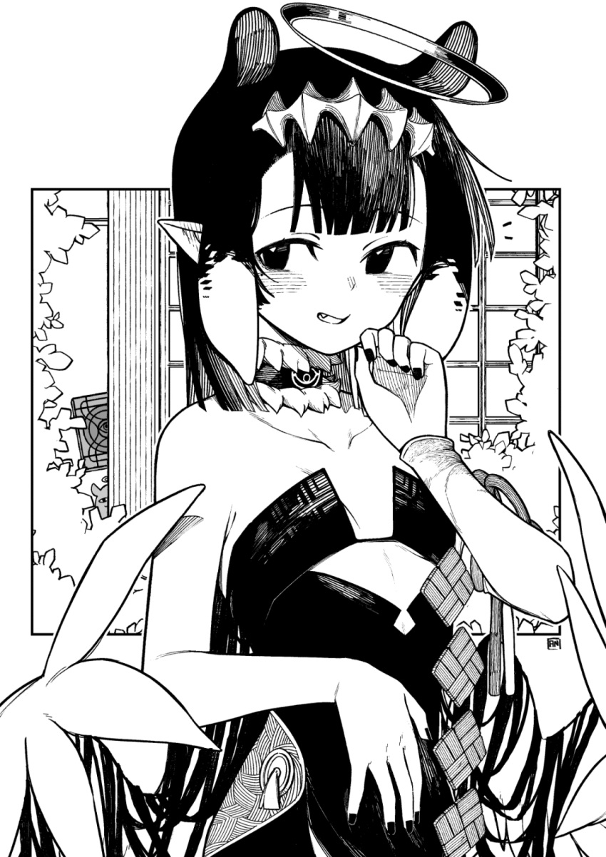 1girl, a:n_(angrynum), collarbone, commentary, detached_sleeves, fang, flat_chest, foliage, fur-trimmed_collar, fur_trim, greyscale, halo, hand_on_own_chin, highres, hololive, hololive_english, long_hair, looking_to_the_side, monochrome, ninomae_ina'nis, ninomae_ina'nis_(1st_costume), open_mouth, signature, single_detached_sleeve, solo, symbol-only_commentary, tentacle_hair, upper_body, virtual_youtuber, window