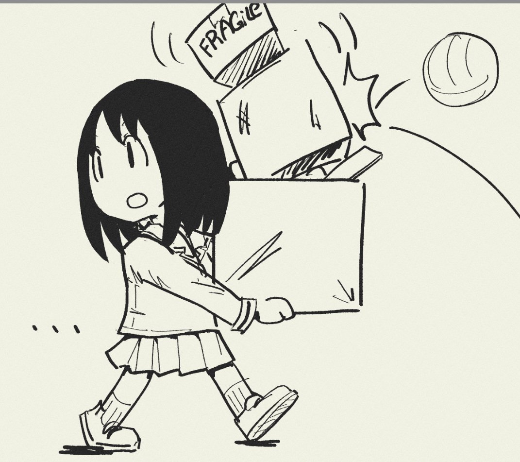 1girl, azumanga_daioh, azumanga_daioh's_school_uniform, ball, box, carrying, chibi, denkirk