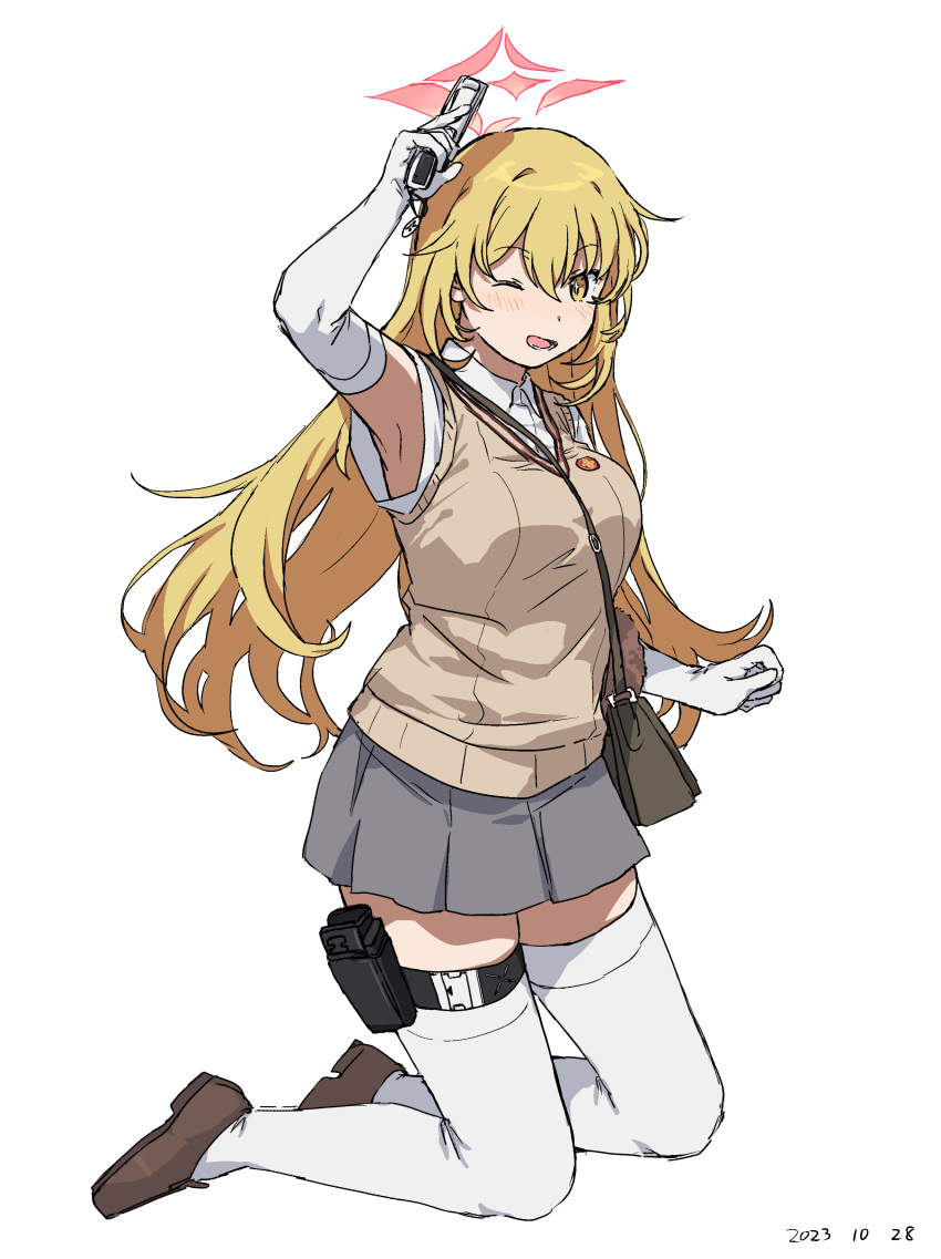 1girl, ;d, absurdres, arm_up, armpits, blonde_hair, blue_archive, breasts