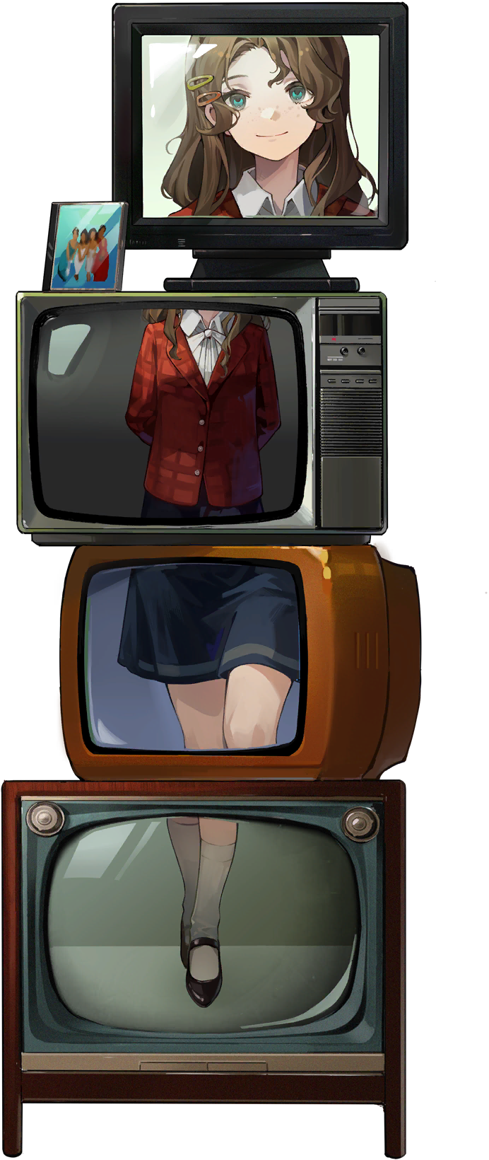 1girl, arms_behind_back, black_footwear, black_skirt, blue_eyes, cd_case, closed_mouth, crt, full_body, hair_ornament, hairclip, highres, jacket, long_hair, looking_at_viewer, monitor, official_art, red_jacket, reverse:1999, shoes, skirt, smile, socks, solo, stack, standing, third-party_source, transparent_background, ttt_(reverse:1999), white_socks