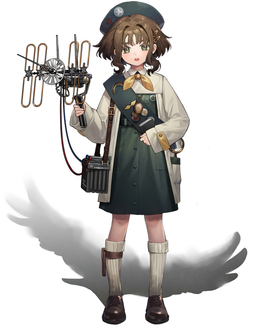1girl, badge, belt, bird, black_belt, blue_headwear, blush, brown_footwear