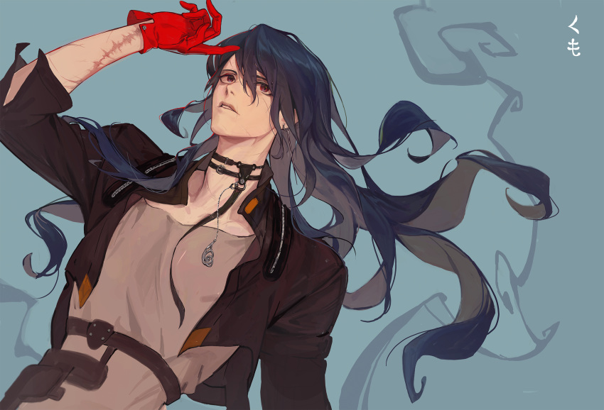 1boy, belt, belt_collar, black_belt, black_hair, black_jacket, collar, colored_inner_hair