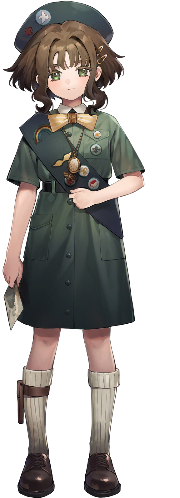 1girl, badge, belt, black_belt, blue_headwear, blush, bow, bowtie