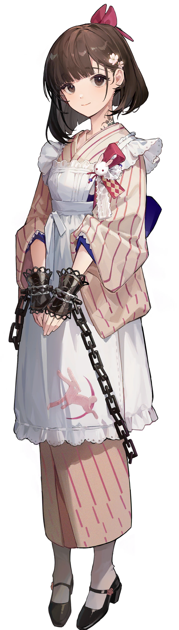 1girl, apron, back_bow, black_footwear, blue_bow, blue_sash, bow, brown_eyes