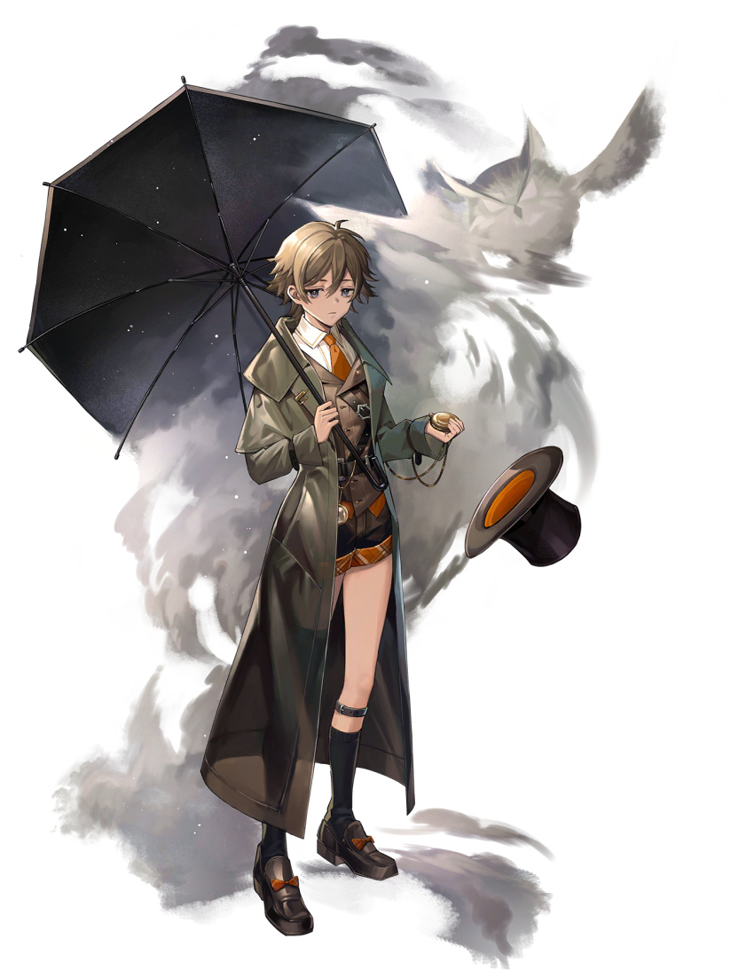 1boy, belt, bird, black_belt, black_coat, black_socks, brown_footwear, brown_hair
