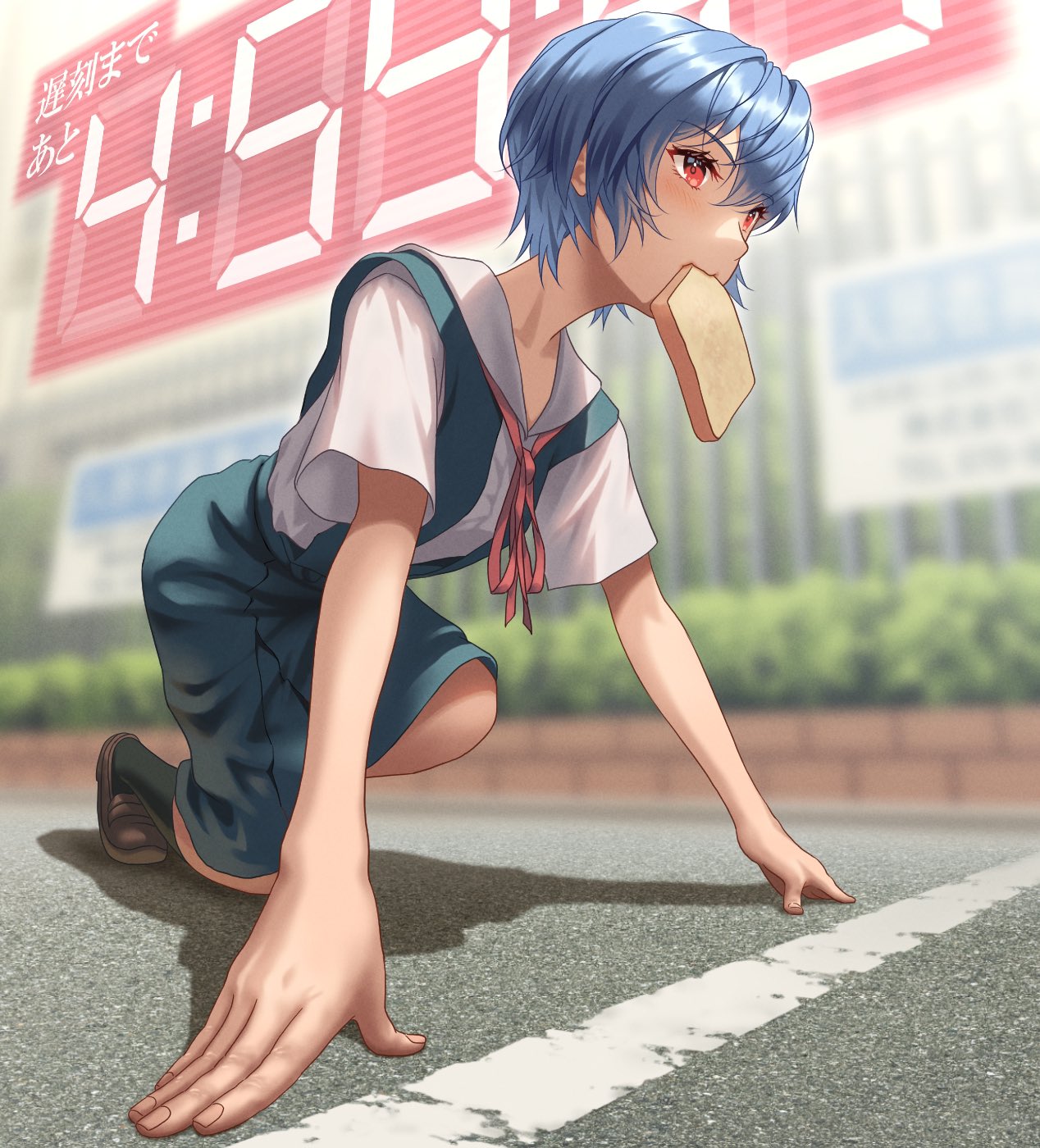 1girl, ayanami_rei, blue_hair, blue_jacket, blue_skirt, countdown_timer, food, food_in_mouth