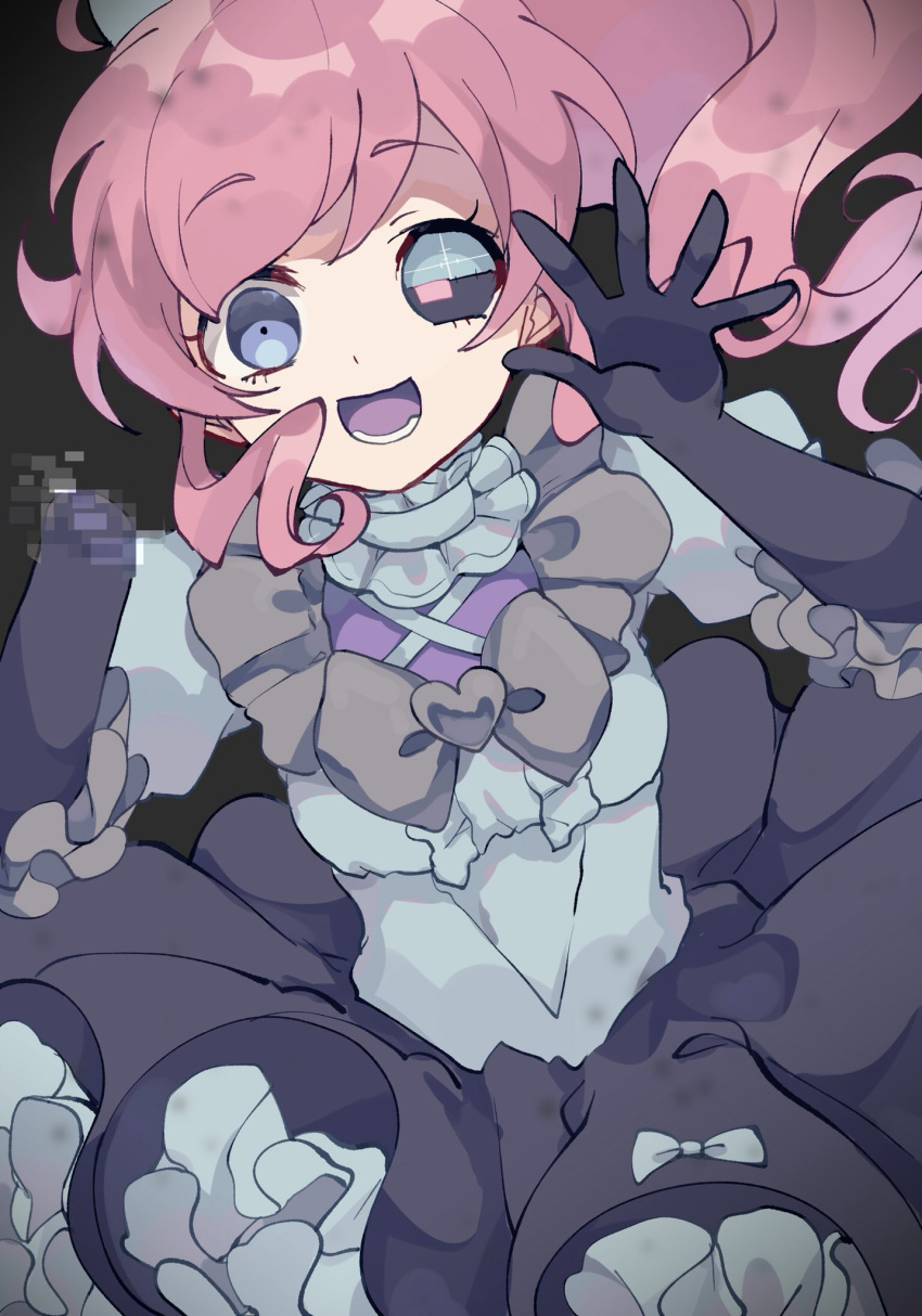 1girl, :d, alternate_color, black_gloves, blue_dress, blue_eyes, bow, bug_mirai