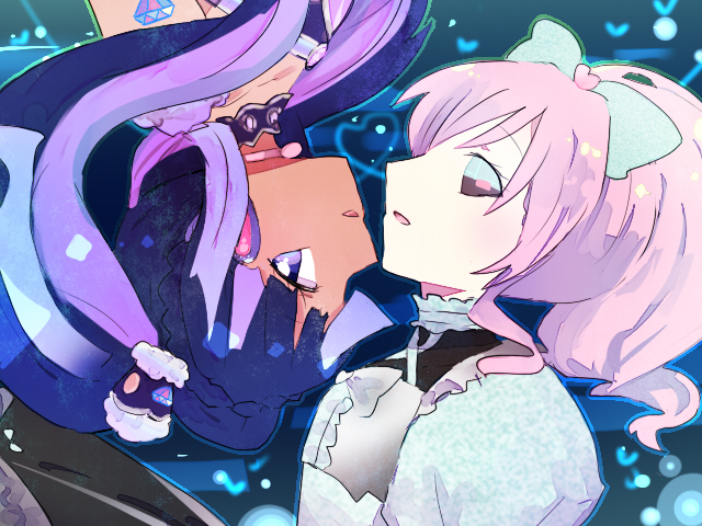 2girls, alternate_color, blue_background, blue_bow, bow, bug_mirai, chise_(tise_17), commentary_request, dark_persona, empty_eyes, hair_bow, kiratto_pri_chan, long_hair, momoyama_mirai, multicolored_hair, multiple_girls, nijinosaki_dia, open_mouth, pink_hair, ponytail, pretty_(series), pripara:_all_idol_perfect_stage!, profile, purple_hair, rotational_symmetry, streaked_hair, tan, twintails, upper_body, upside-down, violet_eyes