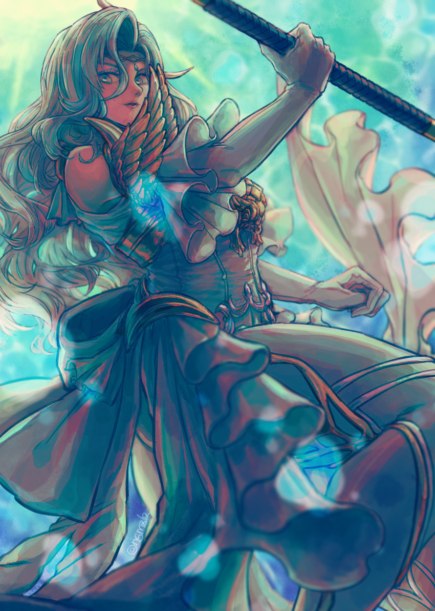 1girl, absurdres, blue_dress, blue_hair, blue_theme, circlet, dress, final_fantasy