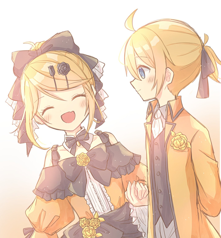 1boy, 1girl, ahoge, aku_no_meshitsukai_(vocaloid), aku_no_musume_(vocaloid), allen_avadonia, aquamarinu, ascot