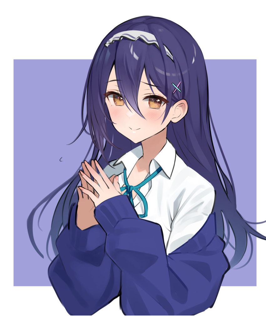 1girl, absurdres, blue_ribbon, blue_sweater, brown_eyes, collared_shirt, etra, hair_between_eyes