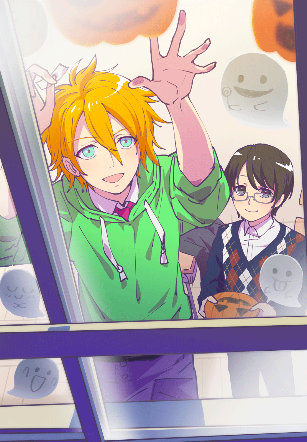2boys, aqua_eyes, argyle, argyle_sweater, arms_up, artist_request, black_hair, brown_hair