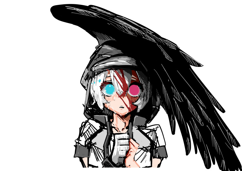 1girl, absurdres, alternate_eye_color, black_wings, blood, blood_on_face, commentary_request, cropped_torso