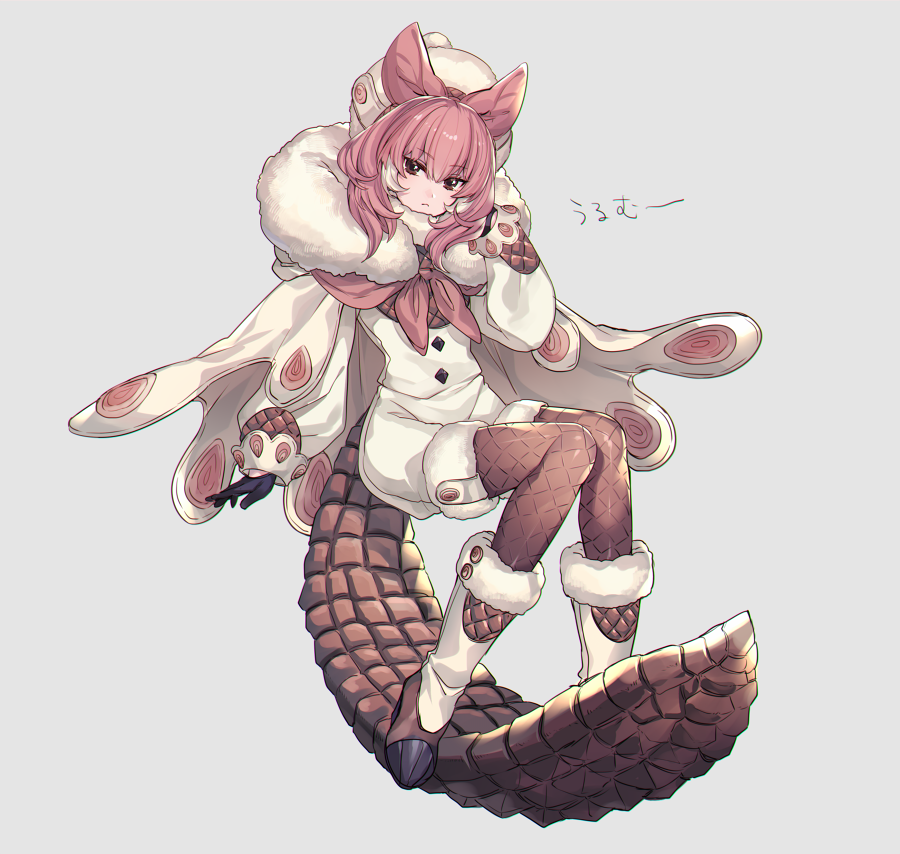 1girl, boots, brown_eyes, brown_pantyhose, brown_tail, cape, closed_mouth, frown