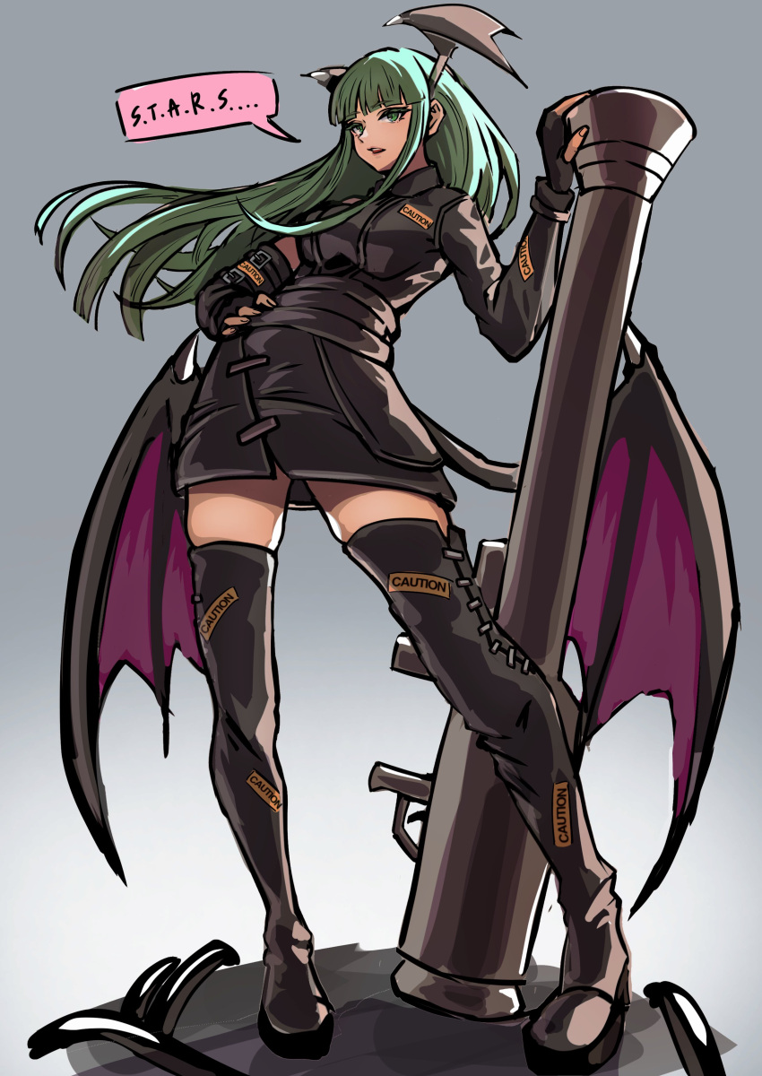 1girl, absurdres, ap_cammy, black_footwear, black_gloves, blunt_bangs, boots, cannon