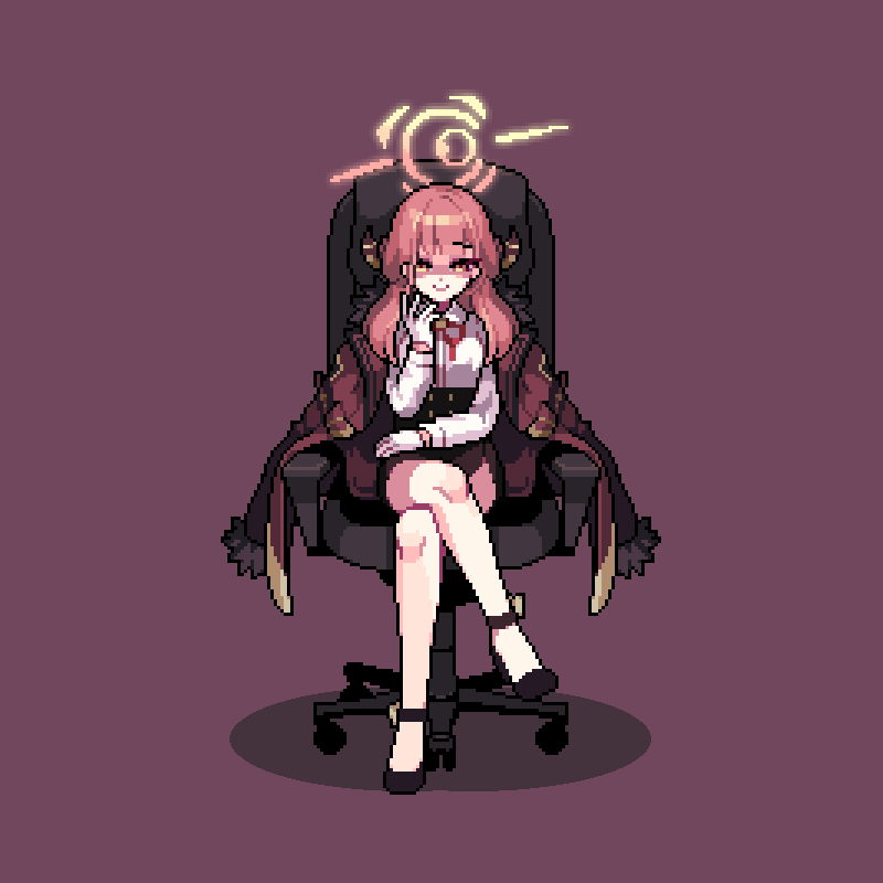 17antares, 1girl, aru_(blue_archive), black_footwear, black_skirt, blue_archive, chair, coat, coat_on_shoulders, crossed_legs, demon_horns, fur-trimmed_coat, fur_trim, gloves, halo, hand_up, high_heels, horns, legs, long_hair, long_sleeves, looking_at_viewer, office_chair, on_chair, pencil_skirt, pixel_art, red_background, red_coat, red_ribbon, redhead, ribbon, shirt, side_slit, sitting, skirt, smile, solo, swivel_chair, thighs, white_gloves, white_shirt, yellow_eyes