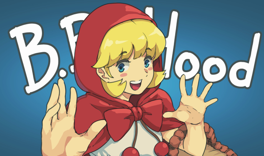 1girl, :d, basket, blonde_hair, blue_background, blue_eyes, blush_stickers, bulleta, character_name, fake_mrbeast_(meme), meme, red_hood, smile, solo, tyrone, upper_body, vampire_(game)
