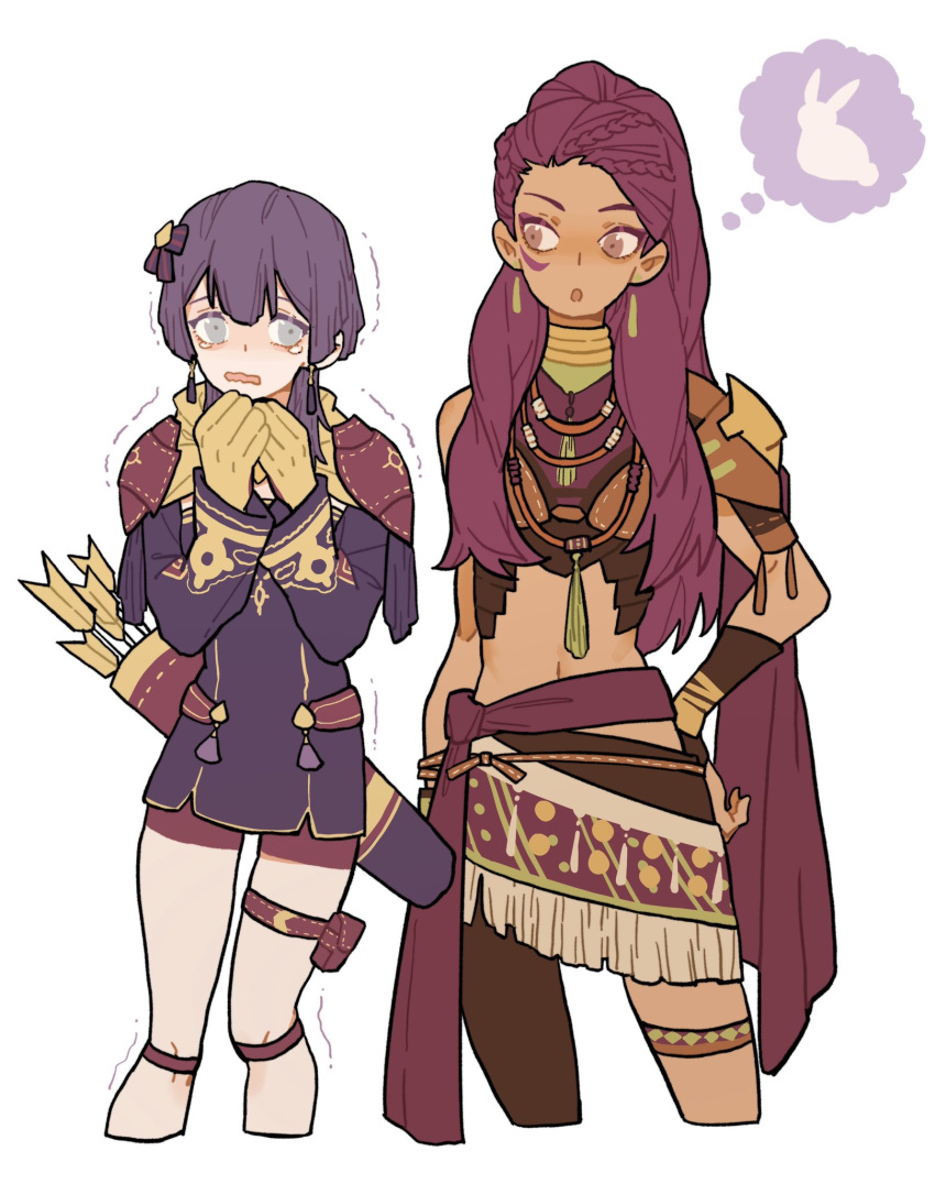 2girls, arrow_(projectile), bernadetta_von_varley, dark-skinned_female, dark_skin, dress, earrings, facial_mark, fire_emblem, fire_emblem:_three_houses, gloves, grey_eyes, highres, jewelry, julianlynnnn, long_hair, long_sleeves, multiple_girls, open_mouth, pantyhose, petra_macneary, ponytail, purple_hair, quiver, rabbit, scared, simple_background, spoken_object, tears, thought_bubble, trembling, white_background