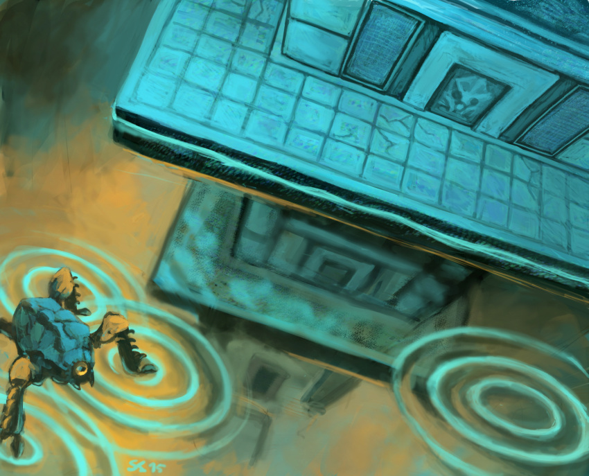 commentary, crack, cracked_floor, dungeon, dutch_angle, english_commentary, faux_traditional_media, from_above