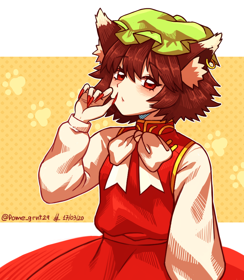 1girl, animal_ear_fluff, animal_ears, brown_hair, caramelized_tomatoes, cat_ears, chen, dated