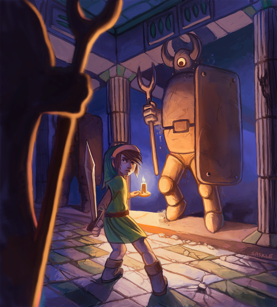 1boy, armos, belt, brown_belt, brown_footwear, brown_hair, candle, candlelight, closed_mouth, commentary, crack, cracked_floor, english_commentary, green_headwear, green_tunic, holding, holding_candle, holding_sword, holding_weapon, link, long_sleeves, looking_back, male_focus, outdoors, pillar, pointy_ears, saskle, short_hair, signature, sword, the_legend_of_zelda, the_legend_of_zelda_(nes), weapon