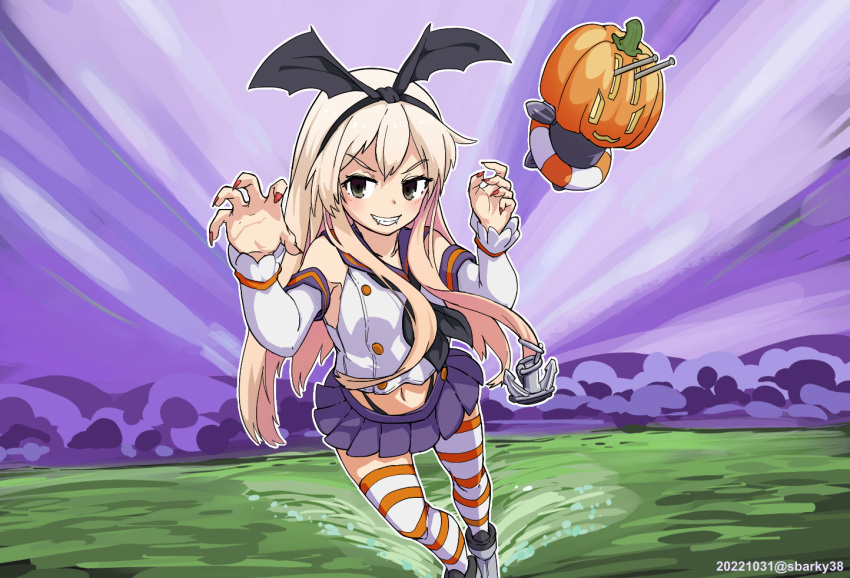 1girl, anchor_hair_ornament, black_panties, blonde_hair, blue_skirt, detached_sleeves, green_eyes, grey_footwear