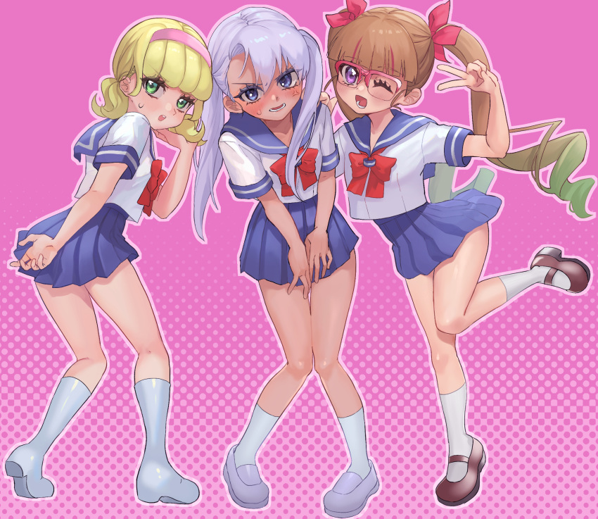3girls, blonde_hair, blue_eyes, blue_skirt, blush, bow, brown_hair, glasses