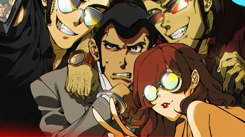 1girl, 3boys, arsene_lupin_iii, bacchus_lpiii, bags_under_eyes, beard, black_hair, black_shirt