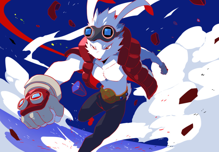 1boy, animal_ears, belt, black_pants, dust, foreshortening, furry, furry_male