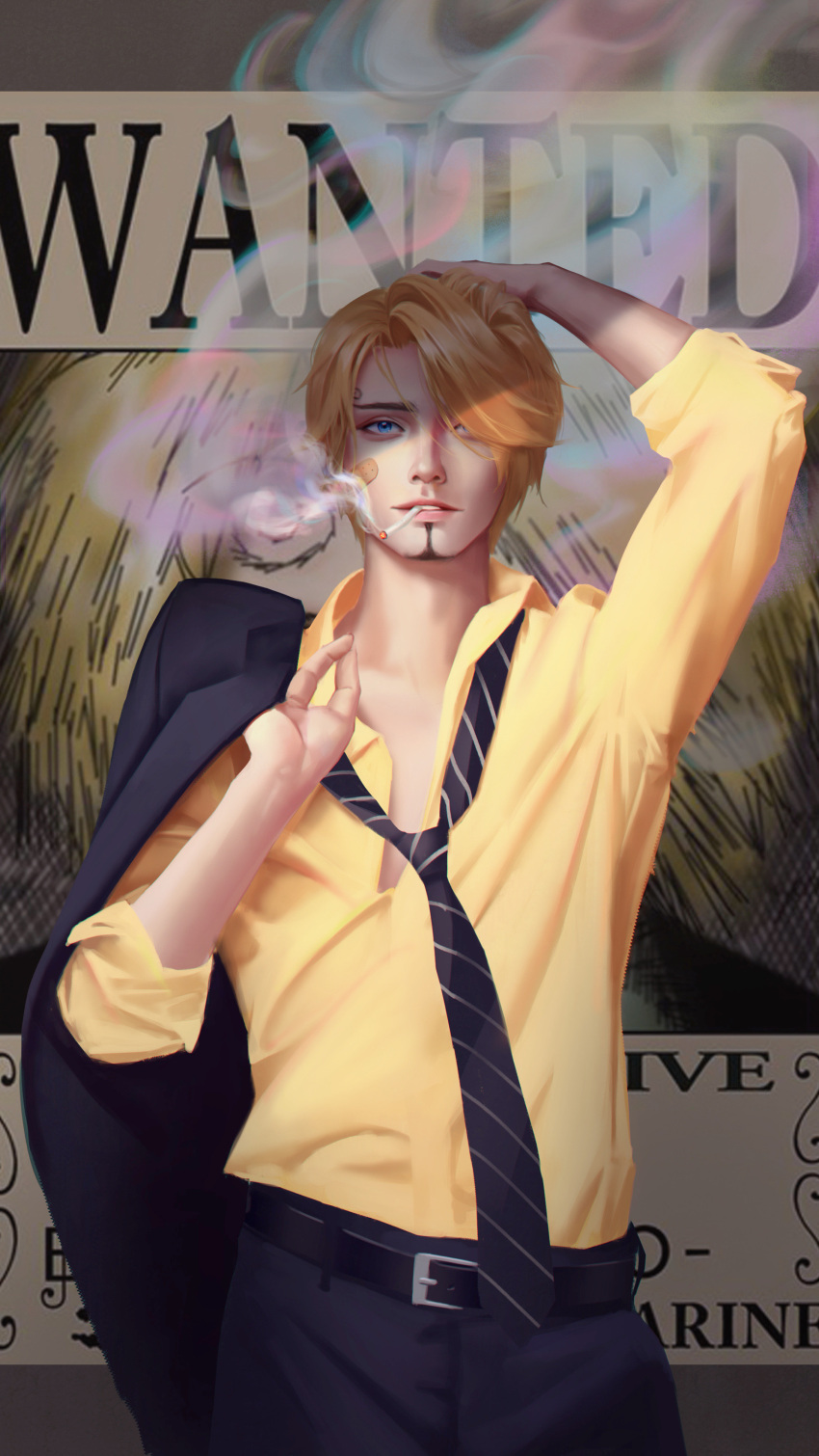 1boy, absurdres, bandaid, bandaid_on_cheek, bandaid_on_face, black_necktie, blonde_hair, blue_eyes