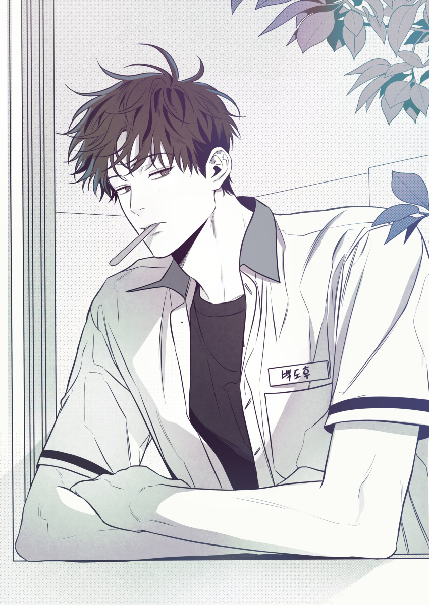 1boy, absurdres, baek_dohu, between_the_lines, black_eyes, black_hair, black_shirt, crossed_arms