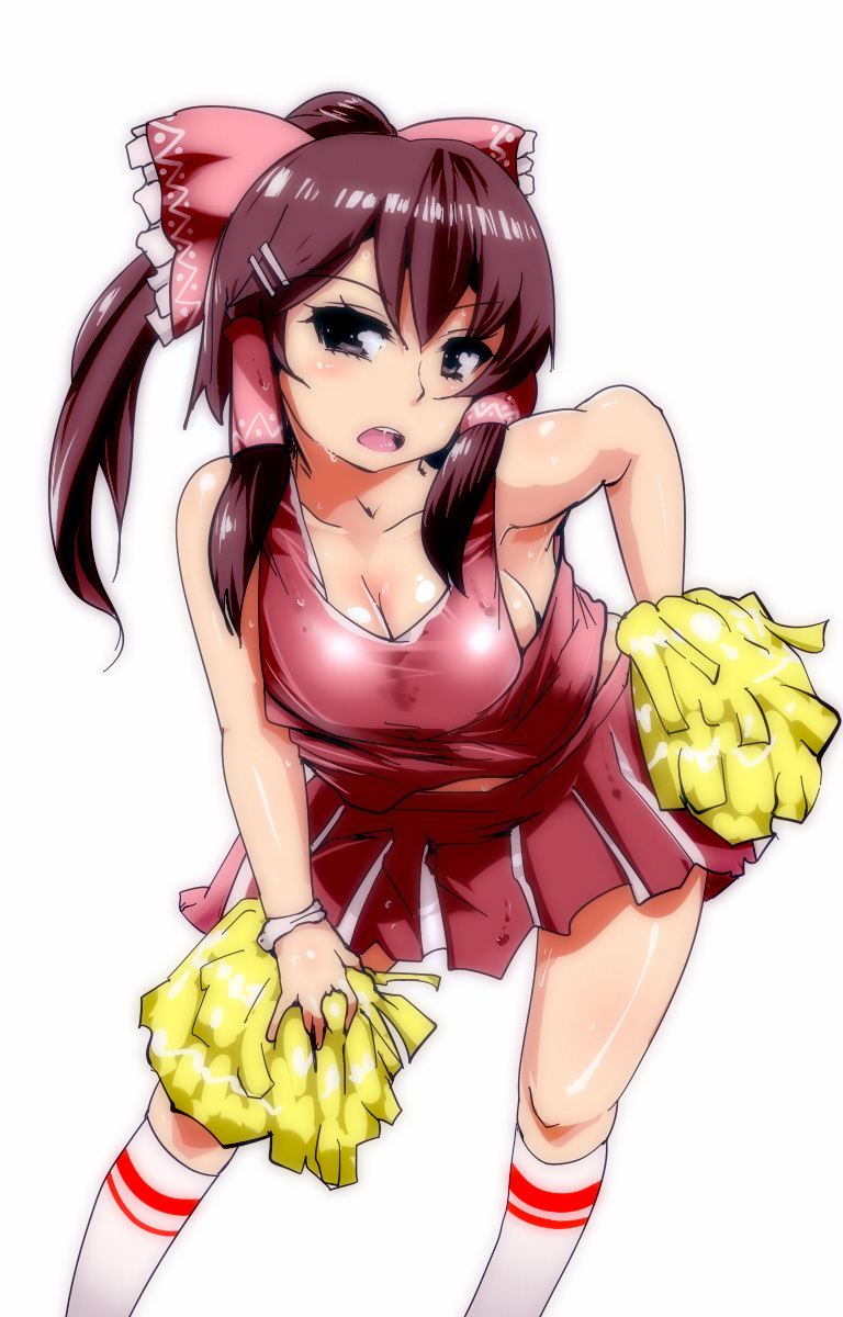 bad_id, bent_over, black_eyes, bow, breasts, brown_eyes, brown_hair, cheerleader