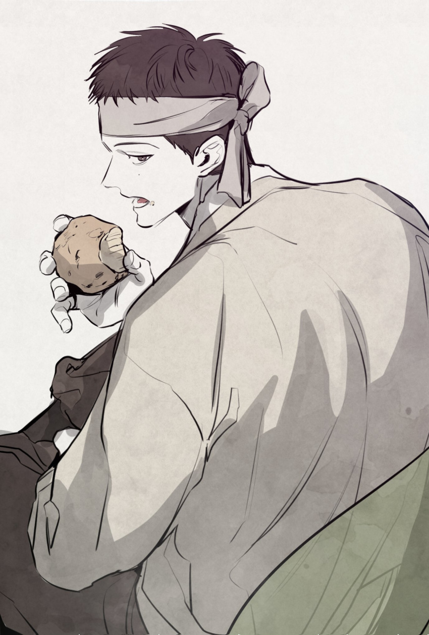 1boy, baek_dohu, between_the_lines, black_hair, food, headband, highres, hodot_01