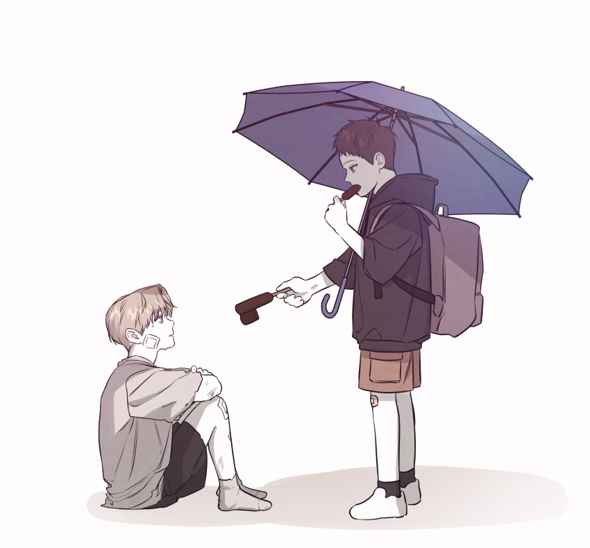 2boys, backpack, baek_dohu, bag, bandage_on_face, bandage_on_knee, bandages, between_the_lines