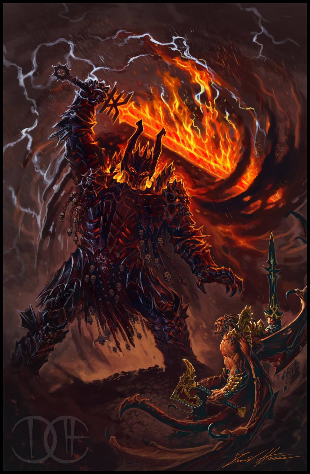2boys, angron, armor, axe, battle, black_border, border, butchers_nails_(warhammer_40k)