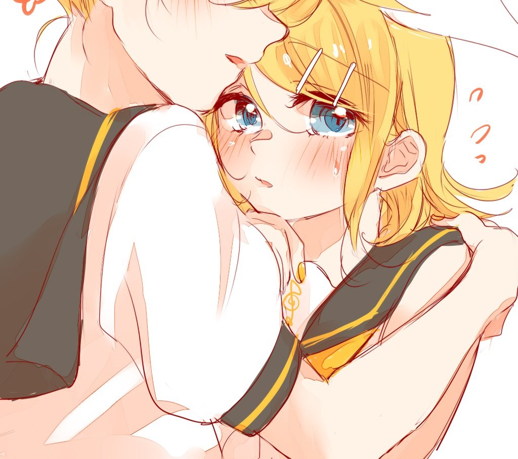 1boy, 1girl, bare_arms, bare_shoulders, black_sailor_collar, blonde_hair, blue_eyes, blush, bow, flying_sweatdrops, hair_bow, hair_ornament, hairclip, hand_on_another's_shoulder, headphones, hug, kagamine_len, kagamine_rin, looking_at_viewer, mimi_mine, nape, neckerchief, nervous, parted_lips, sailor_collar, shirt, short_hair, sideways_glance, sleeveless, sleeveless_shirt, treble_clef, vocaloid, white_bow, white_shirt, yellow_nails, yellow_neckerchief