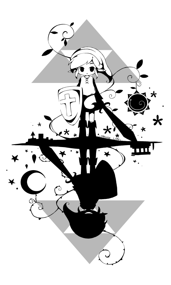 2boys, crescent, dark_link, different_reflection, evil_grin, evil_smile, frown, greyscale