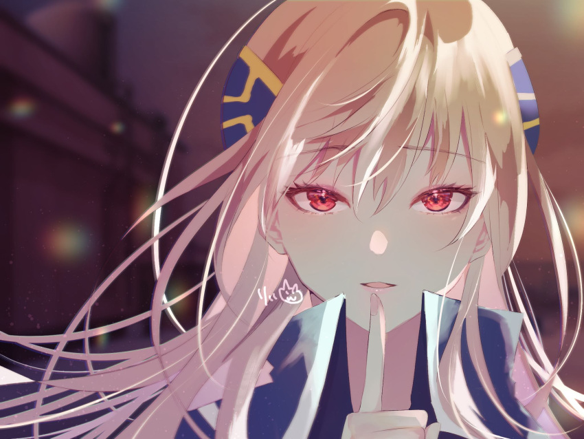 1girl, blonde_hair, blurry, blurry_background, finger_to_mouth, hair_between_eyes, heaven_burns_red, high_collar